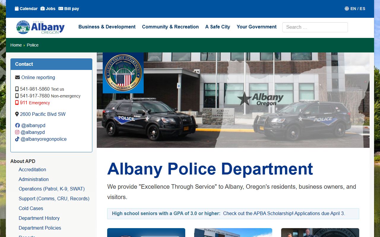 Albany Police Department headquarters on Pacific Boulevard in Albany Oregon