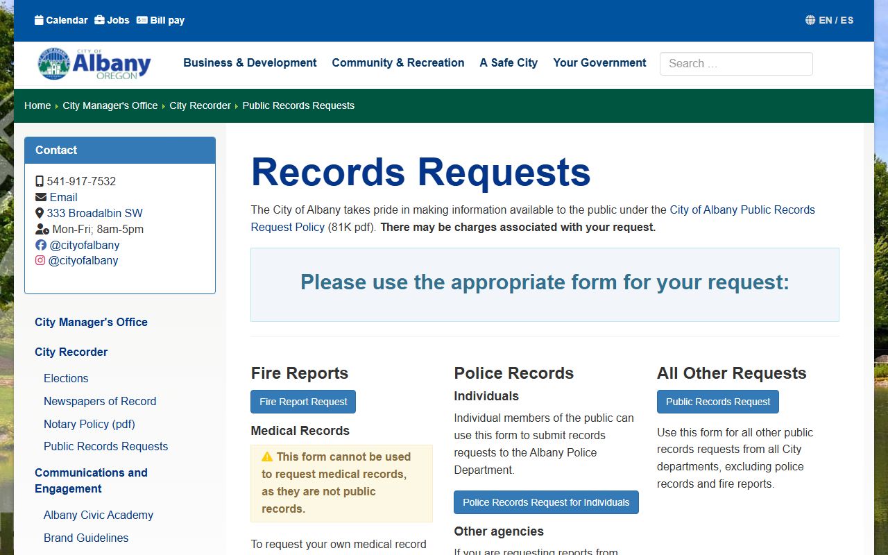 Albany Oregon public records portal for requesting police blotter and city records