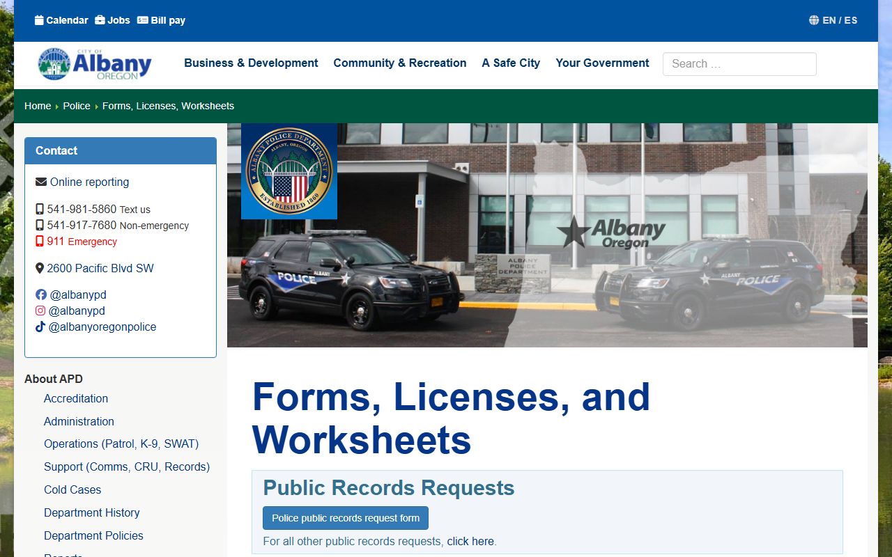 Albany Police Department forms page for requesting police blotter reports and records