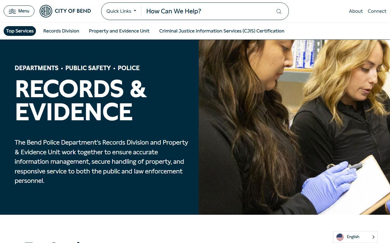 Bend Police Department records and evidence page for police blotter requests