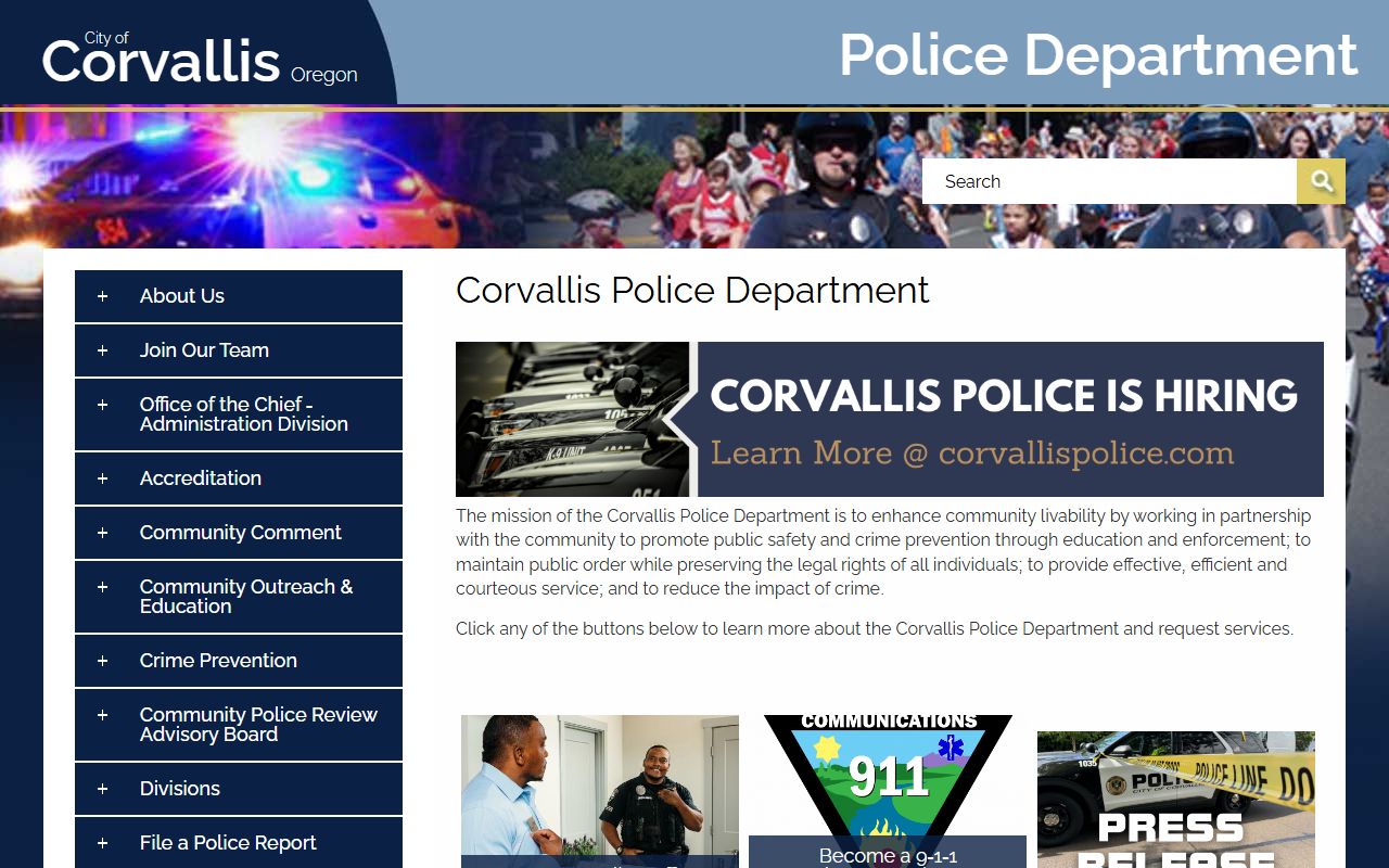 Corvallis Police Department building in Corvallis Oregon serving as the center for police blotter records