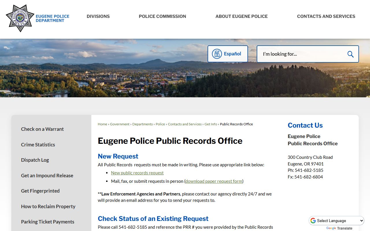 Eugene Police Department Public Records Office