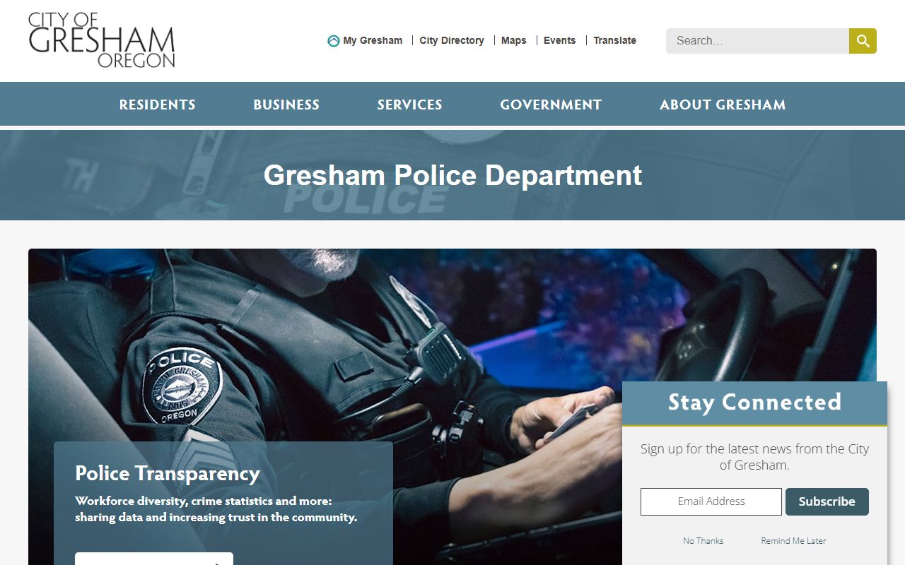 Gresham Police Department website showing public safety information and police blotter resources