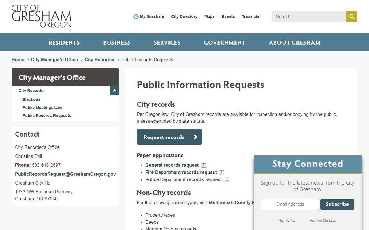 Gresham public information request page for police blotter and city records