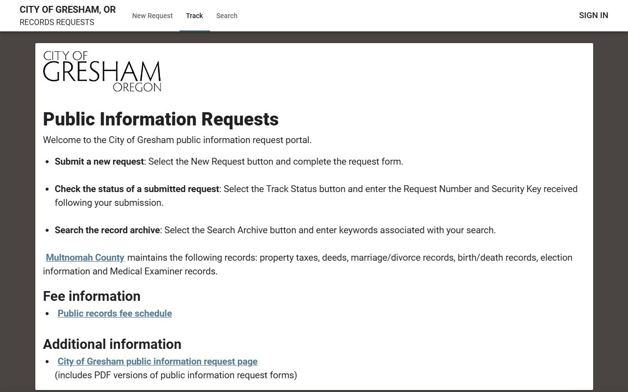 JustFOIA online portal for Gresham police blotter records requests