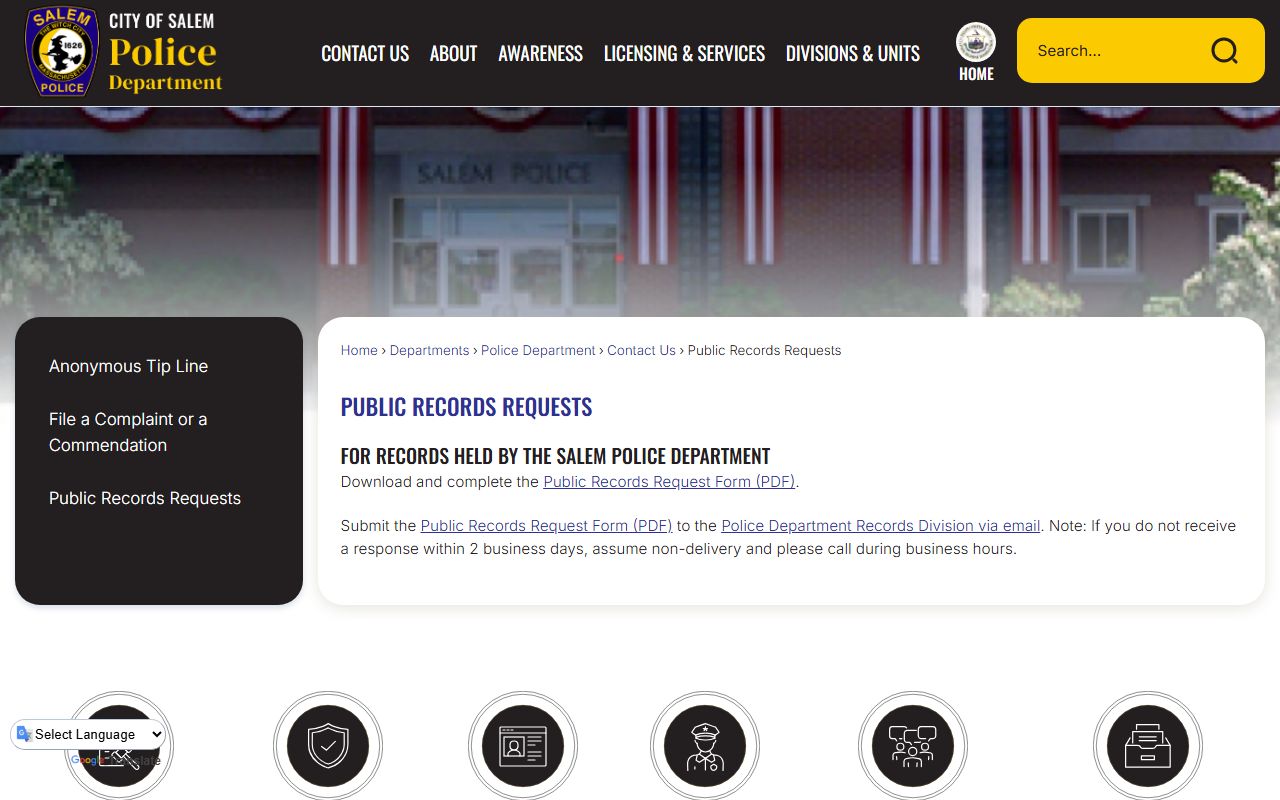 Salem Police Department public records request information