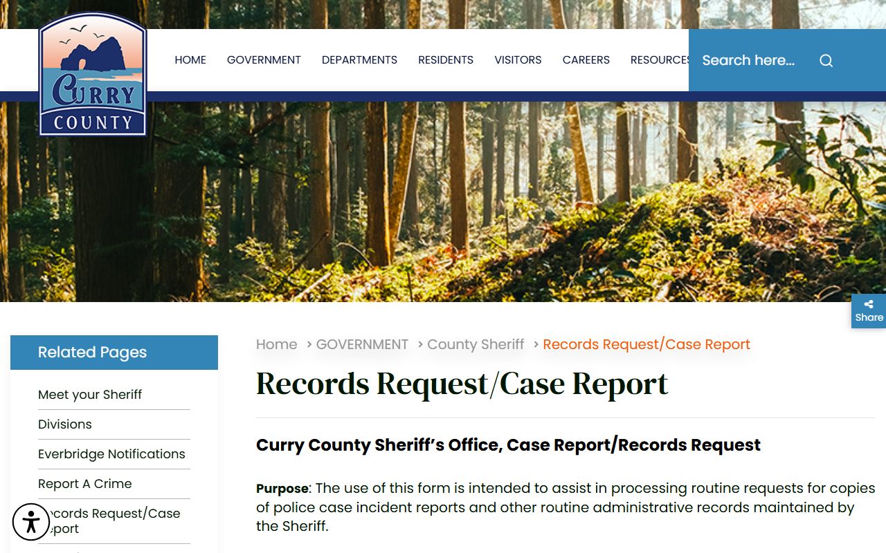 Curry County Sheriff's Office online records request form for case reports and police blotter data