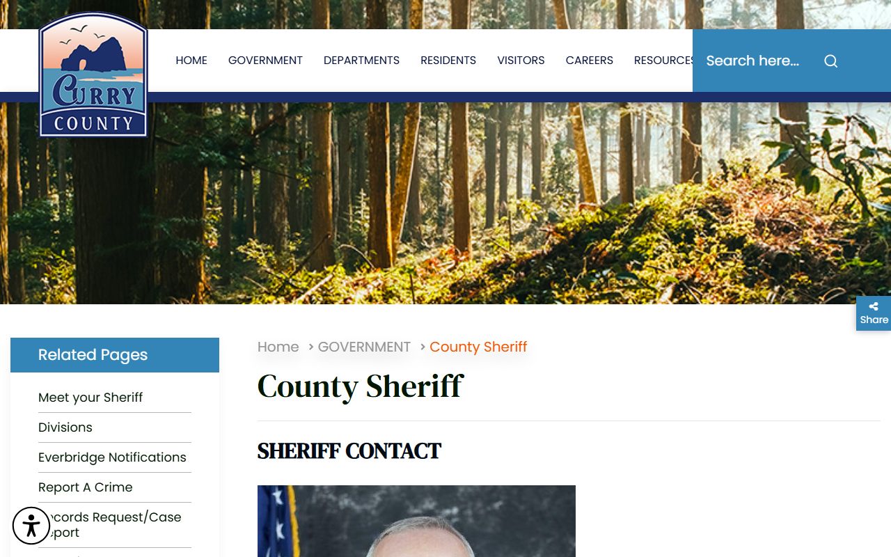 Curry County Sheriff's Office homepage showing patrol and investigation divisions