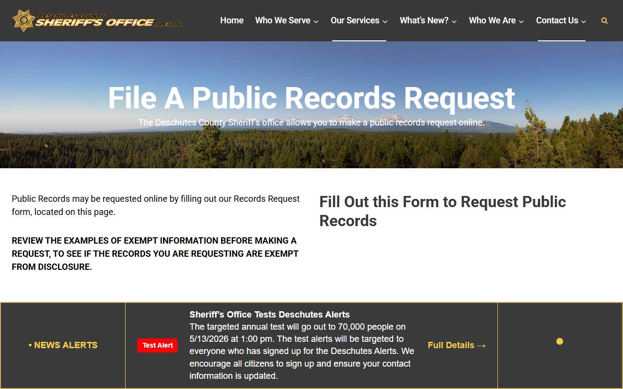 Deschutes County Sheriff's Office public records request page for police blotter reports