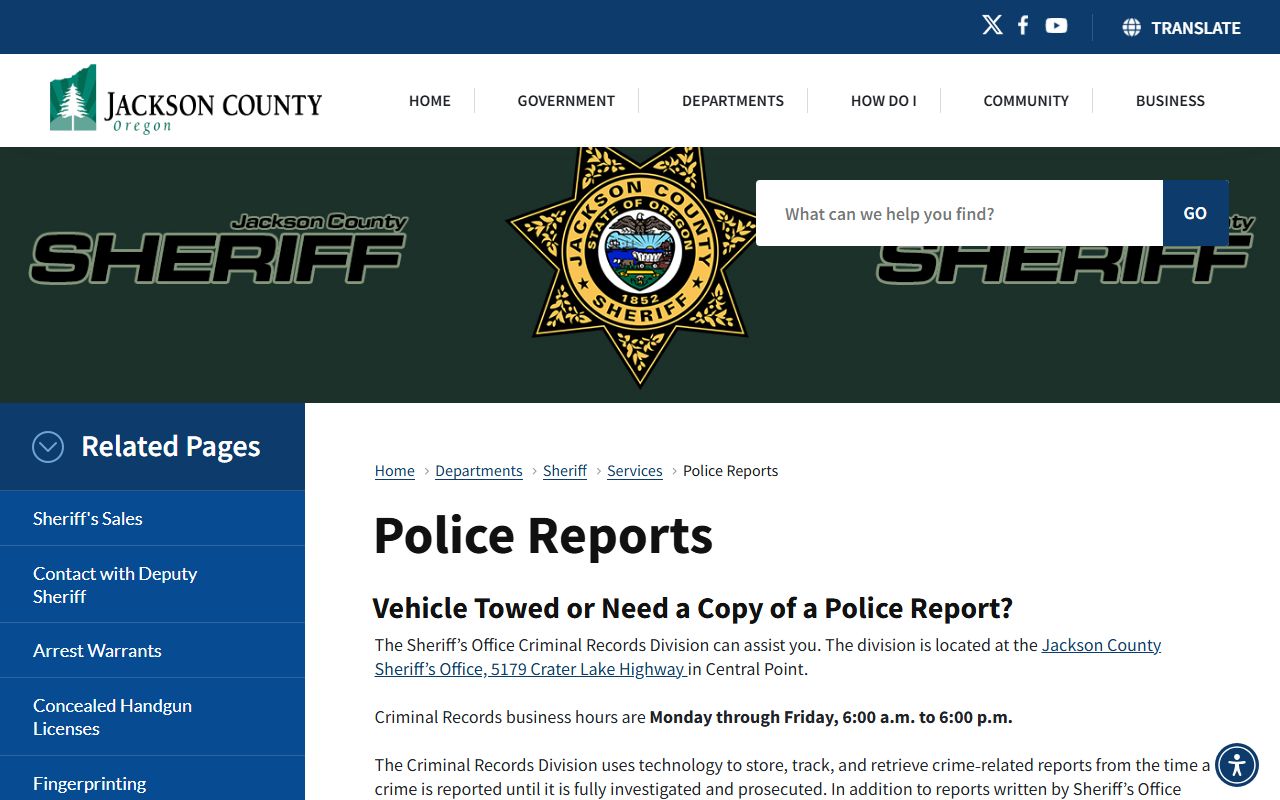 Jackson County Sheriff police reports request page for obtaining incident records