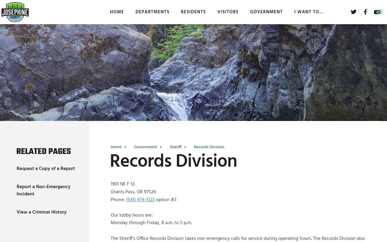 Josephine County Sheriff records division page with request procedures and contact information