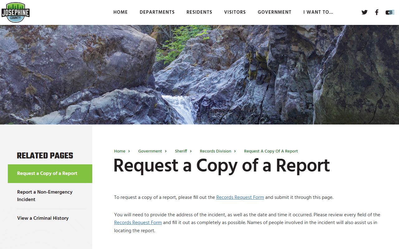 Josephine County Sheriff report request page with forms and fee information