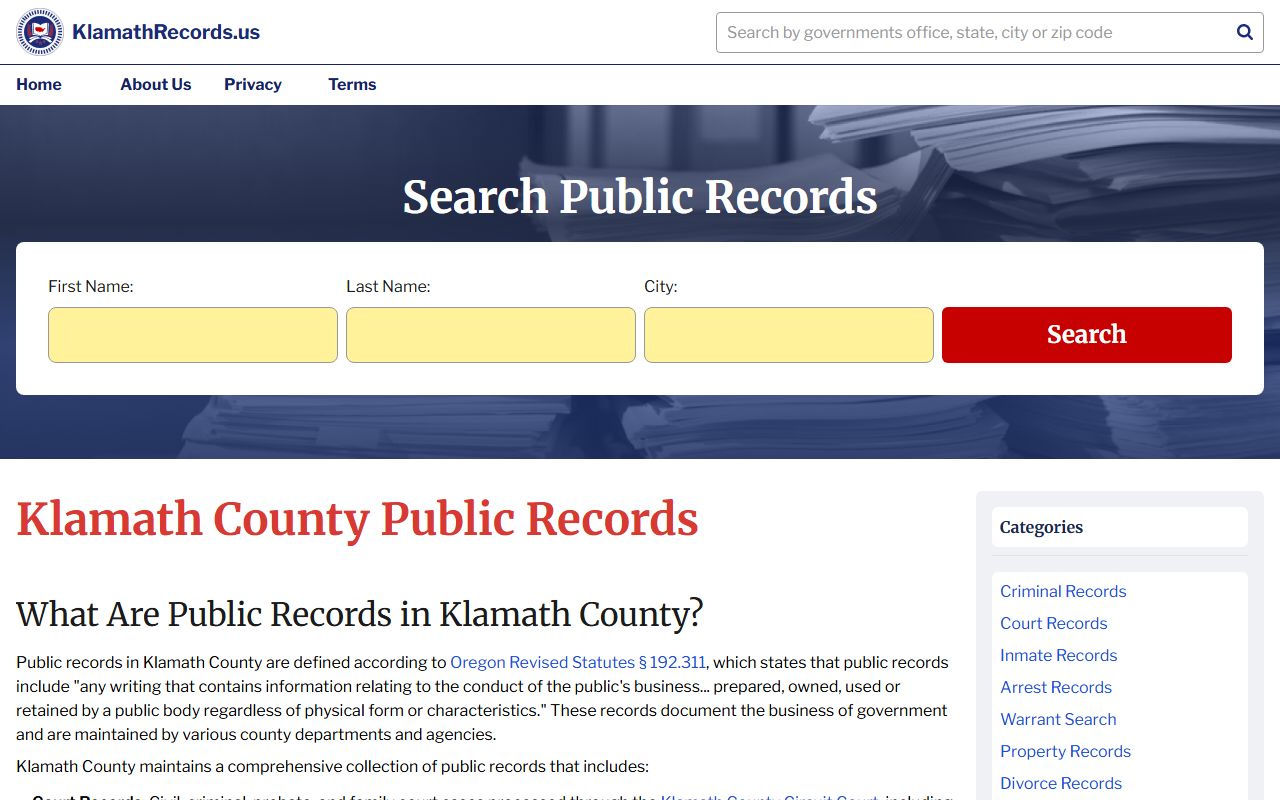 Klamath County records portal for police blotter searches and public information