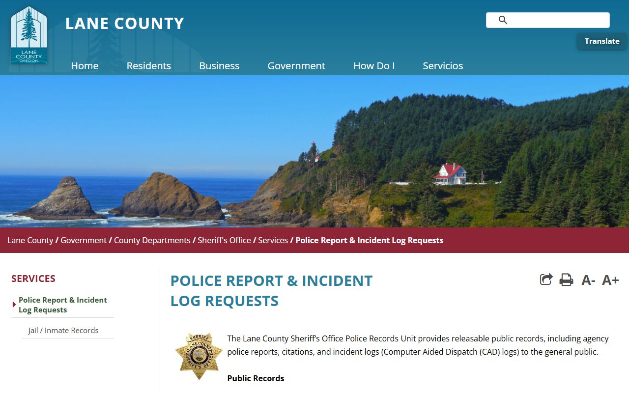 Lane County Sheriff's Office police blotter and incident log request page