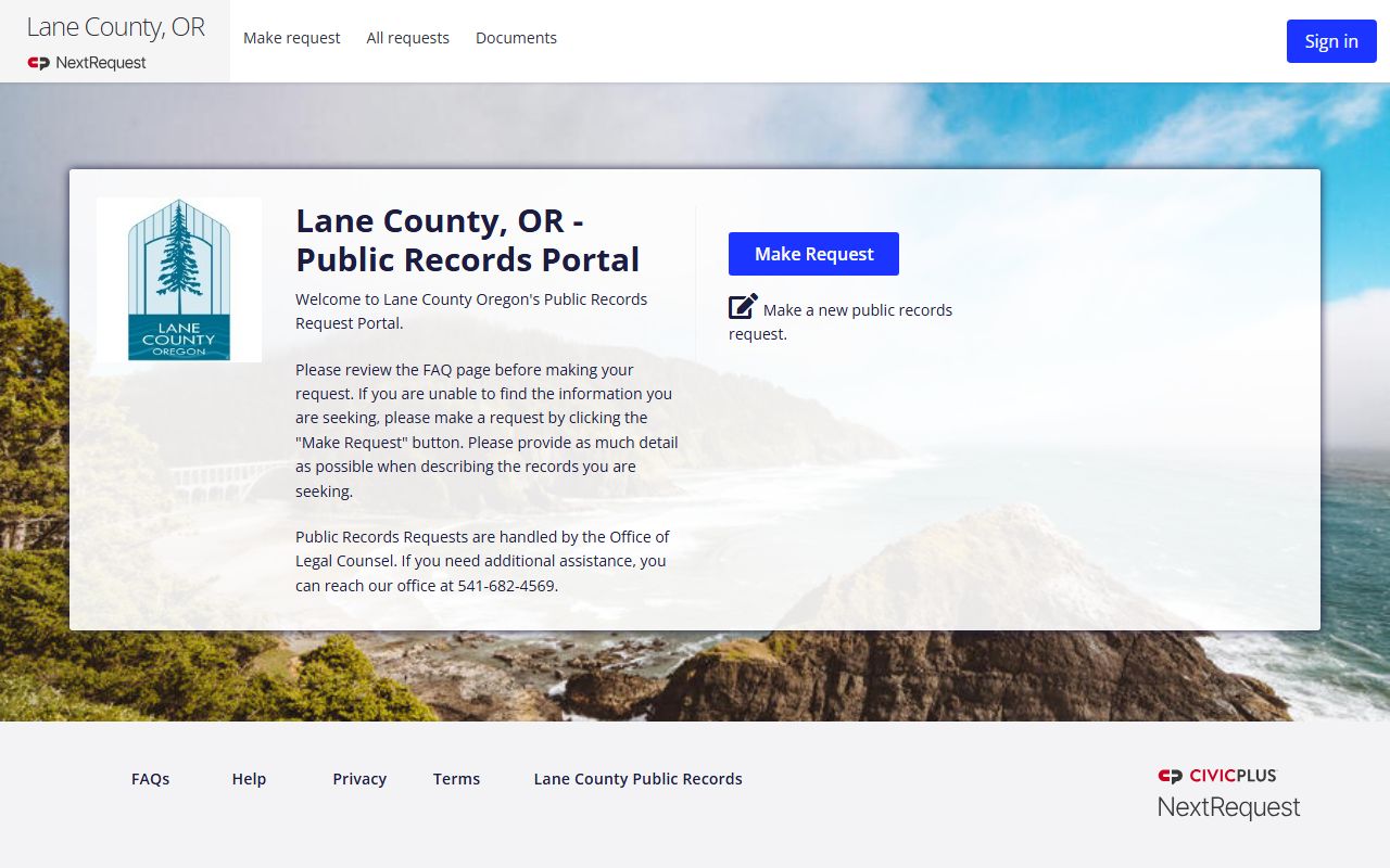 Lane County NextRequest portal for submitting police blotter and public records requests