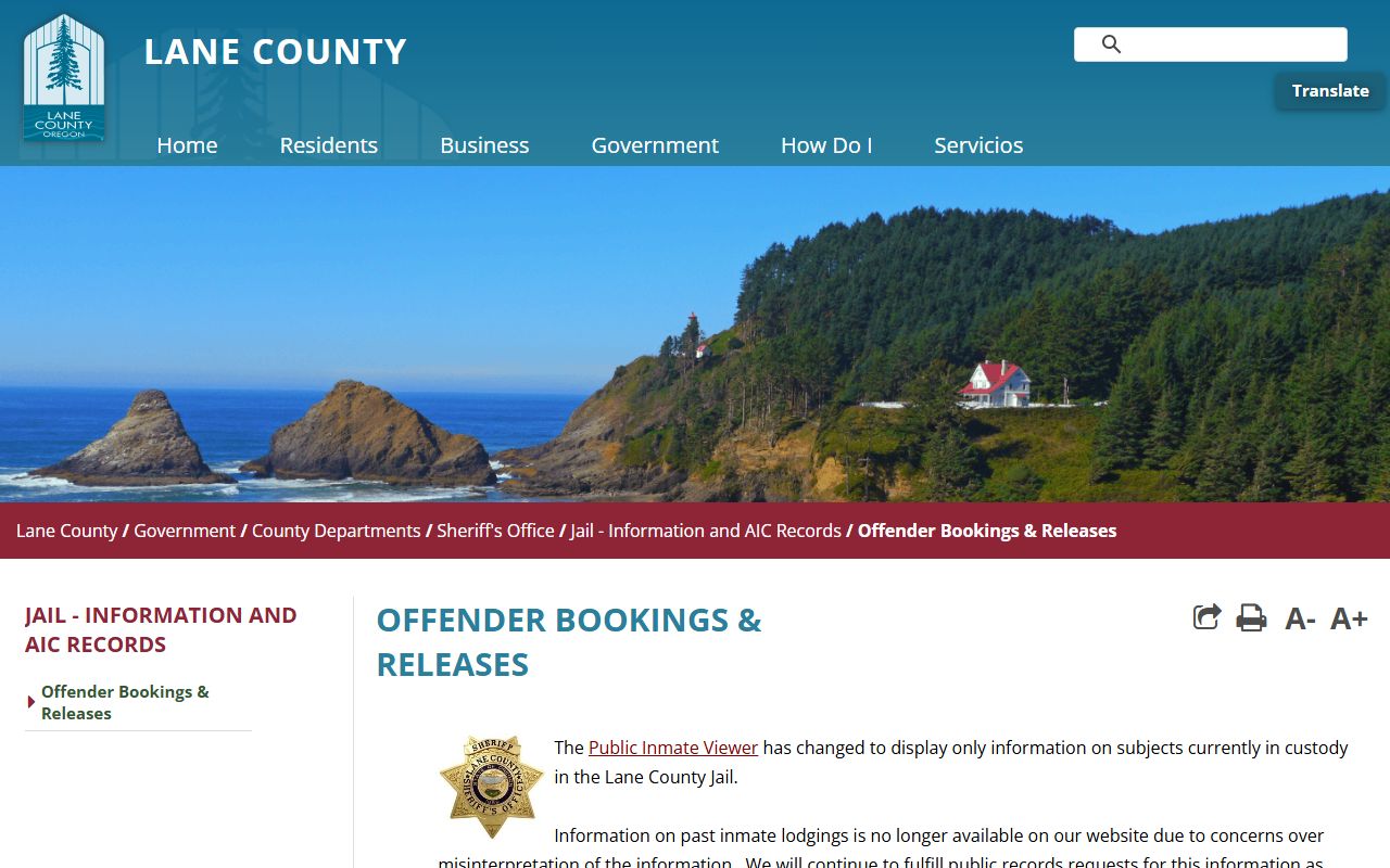 Lane County offender bookings and releases page showing police blotter arrest data