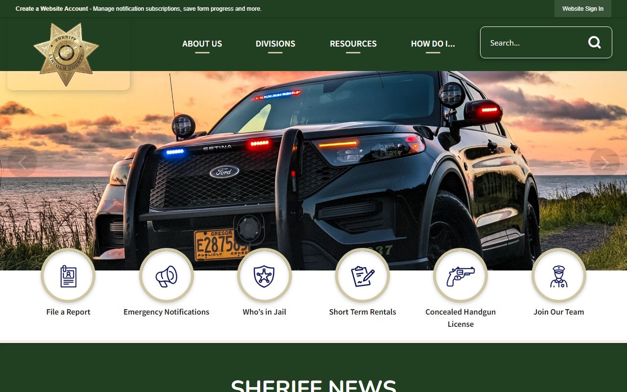 Lincoln County Sheriff's Office website in Newport, Oregon for police blotter records