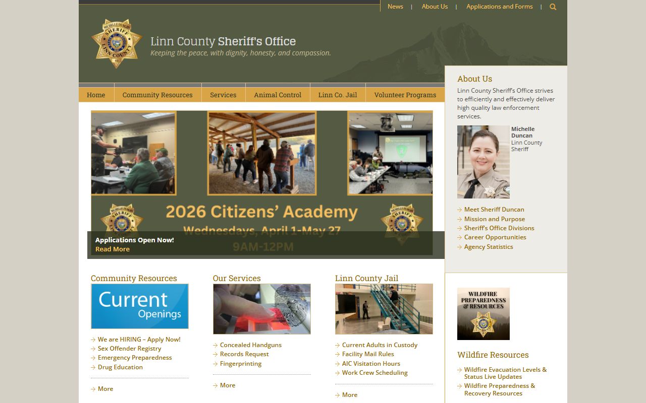 Linn County Sheriff's Office website in Albany, Oregon for police blotter records access
