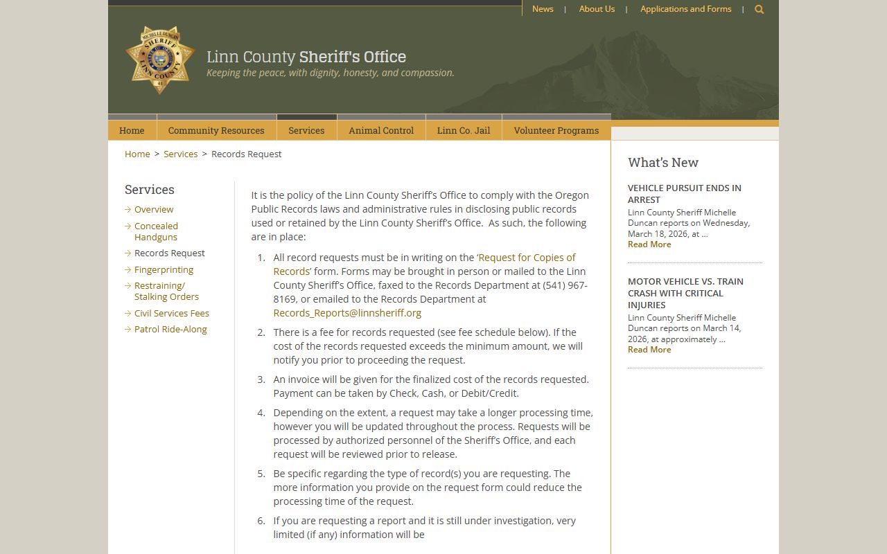 Linn County Sheriff records request page for police blotter reports in Albany, Oregon
