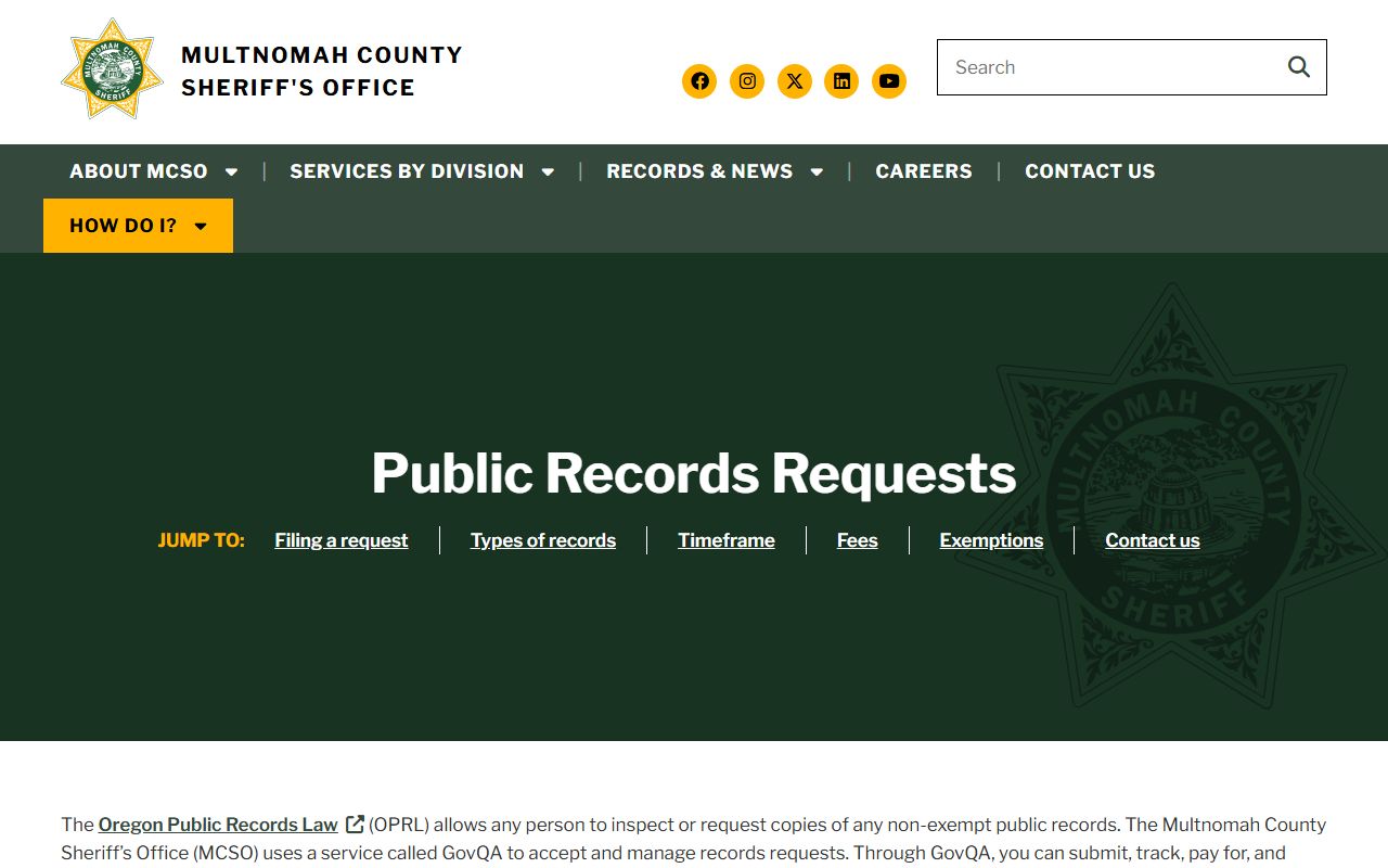 Multnomah County Sheriff's Office public records request page for police blotter information