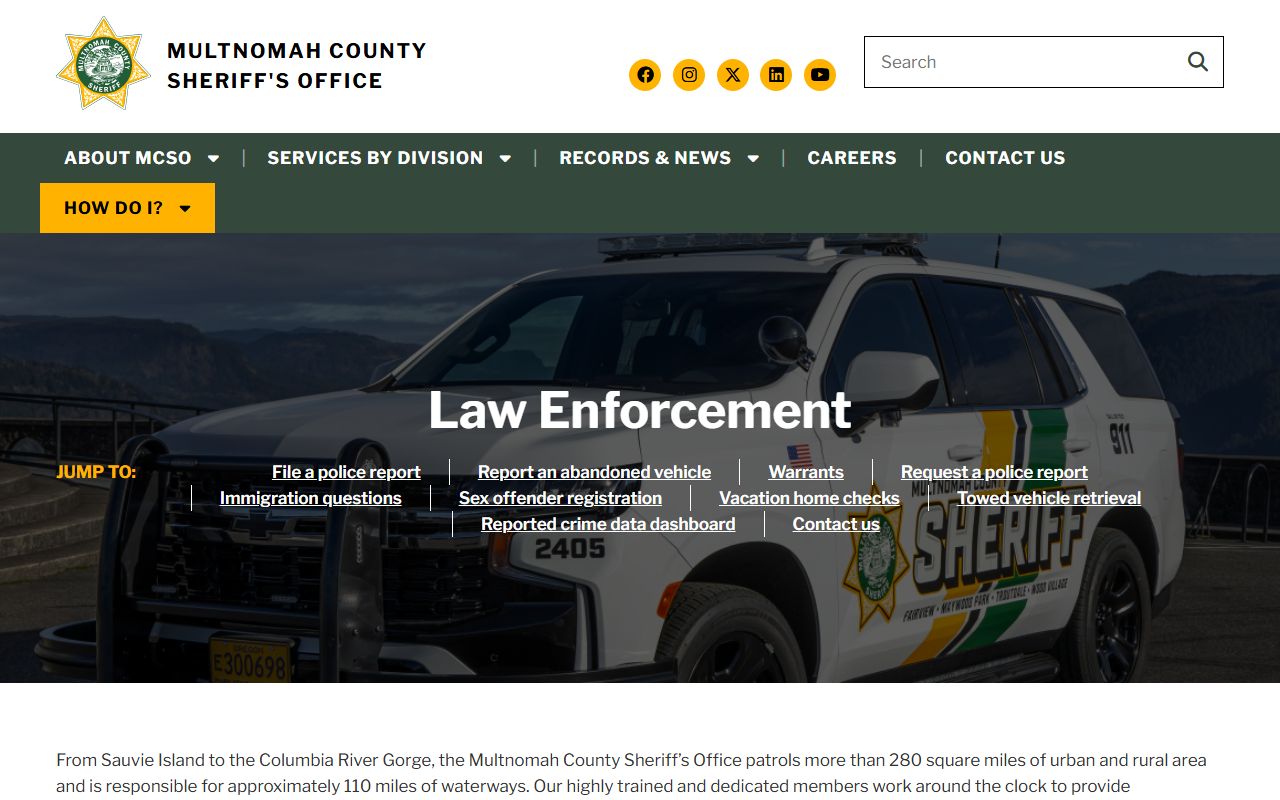Multnomah County Sheriff law enforcement division responsible for police blotter patrol activity