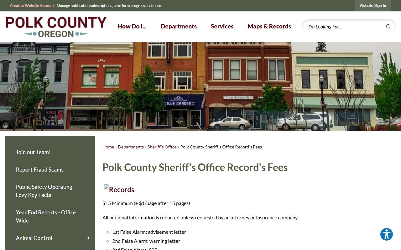 Polk County Sheriff's Office records fees page with police blotter pricing information