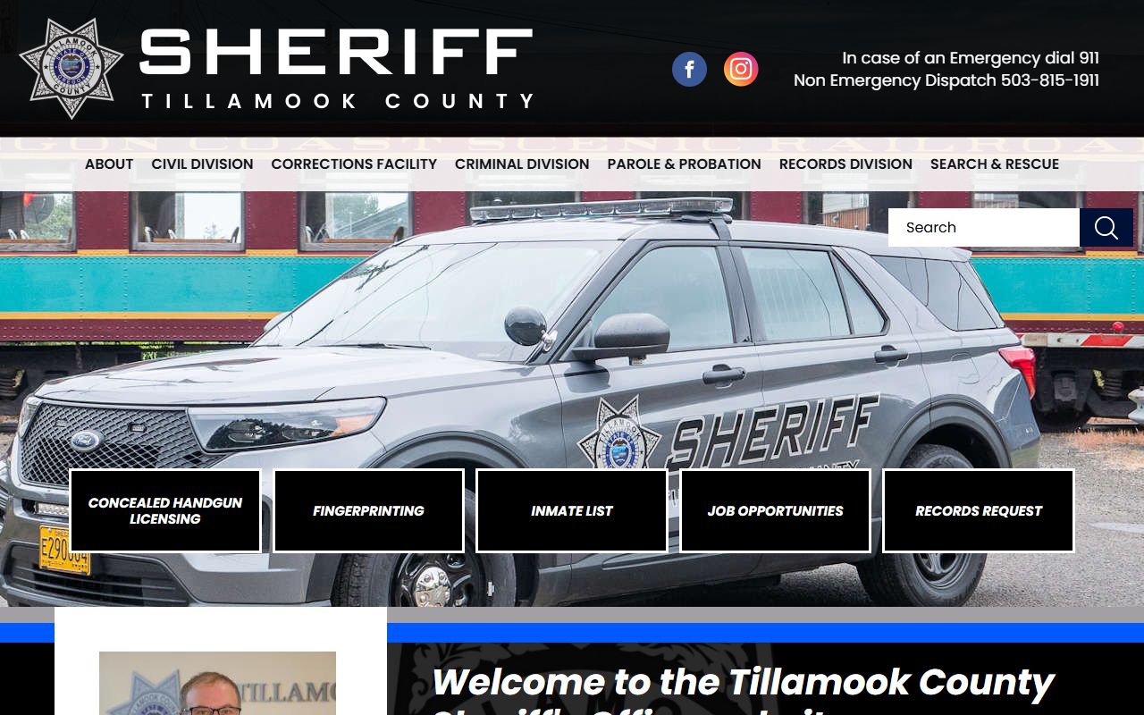 Tillamook County Sheriff's Office website showing services and police blotter information