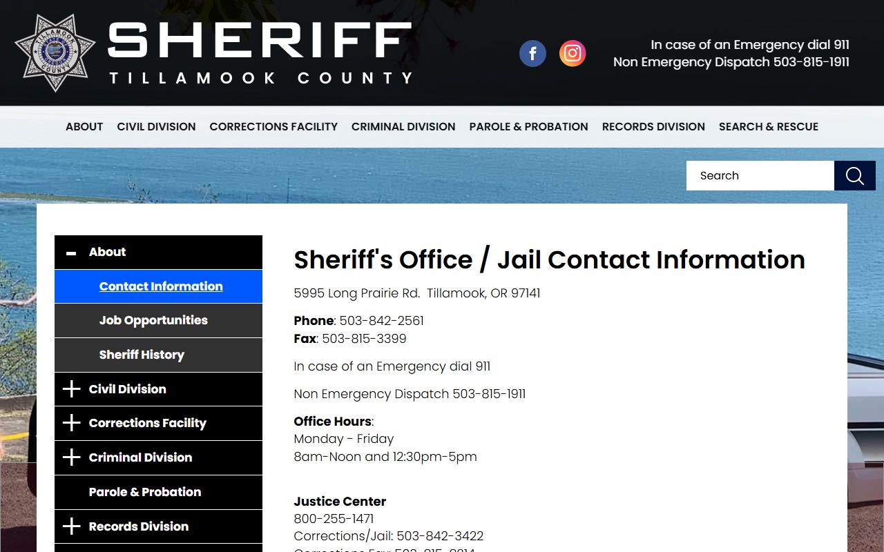 Tillamook County Sheriff contact page with jail and corrections phone numbers