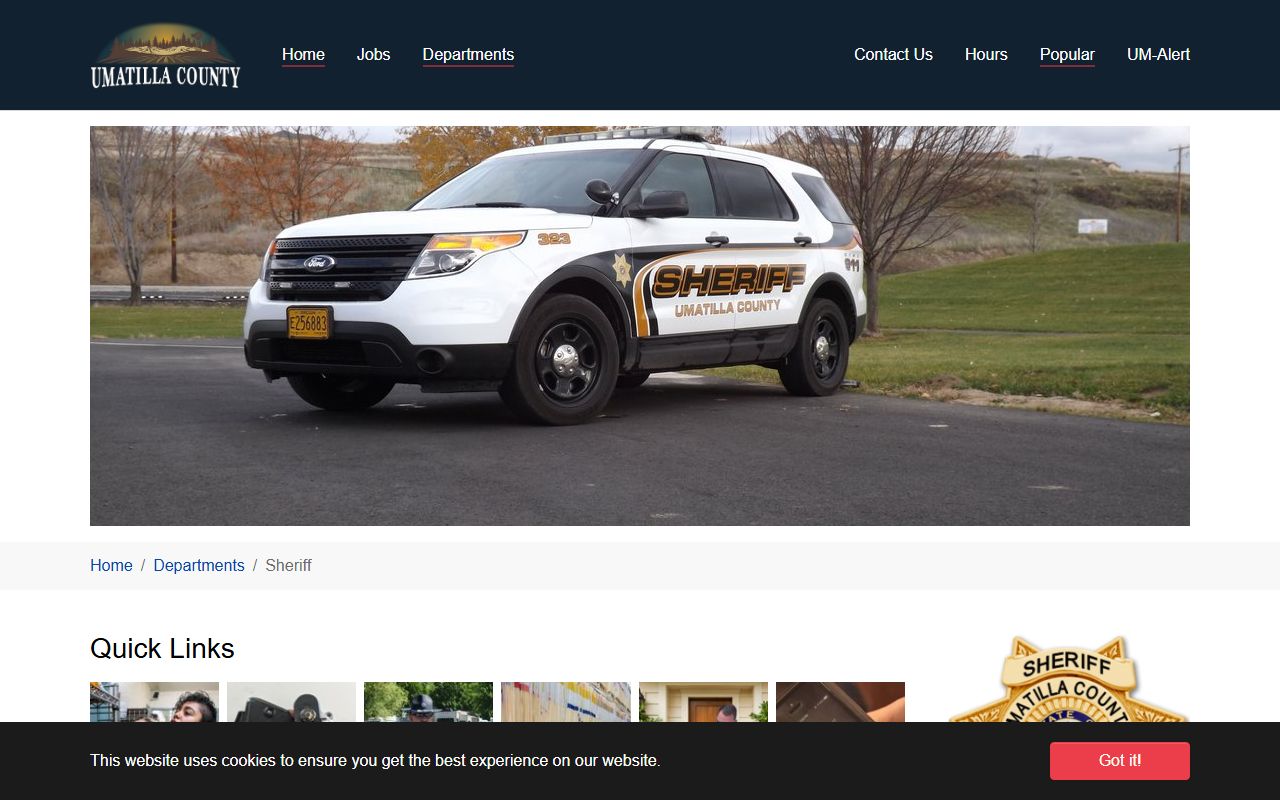 Umatilla County Sheriff's Office main page showing divisions and police blotter services