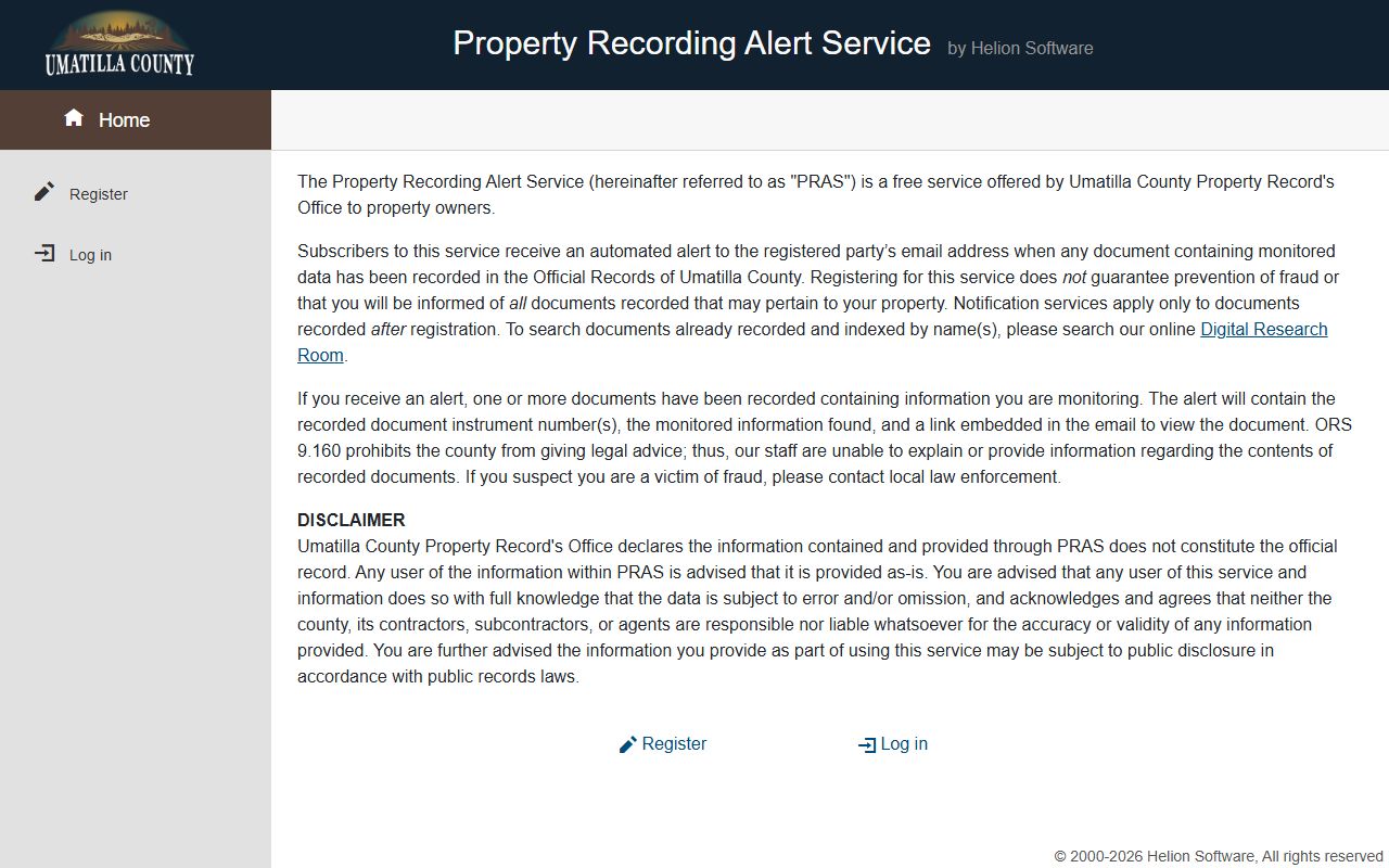 Umatilla County Property Recording Alert Service registration page