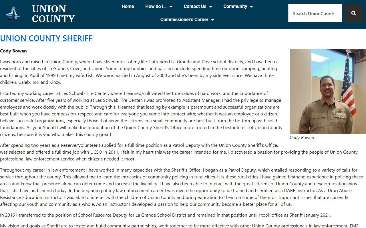 Union County Sheriff's Office about page with information on Sheriff Cody Bowen and police blotter services