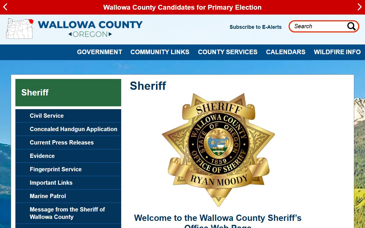 Wallowa County Sheriff's Office website with contact details and police blotter information